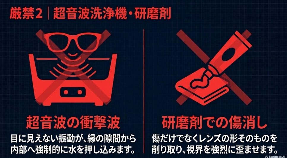 厳禁事項の2つ目として、超音波の衝撃波が縁の隙間から水を内部へ強制的に押し込むリスクと、研磨剤（歯磨き粉など）による傷消しがレンズの形そのものを削り取り視界を強烈に歪ませるリスクを説明