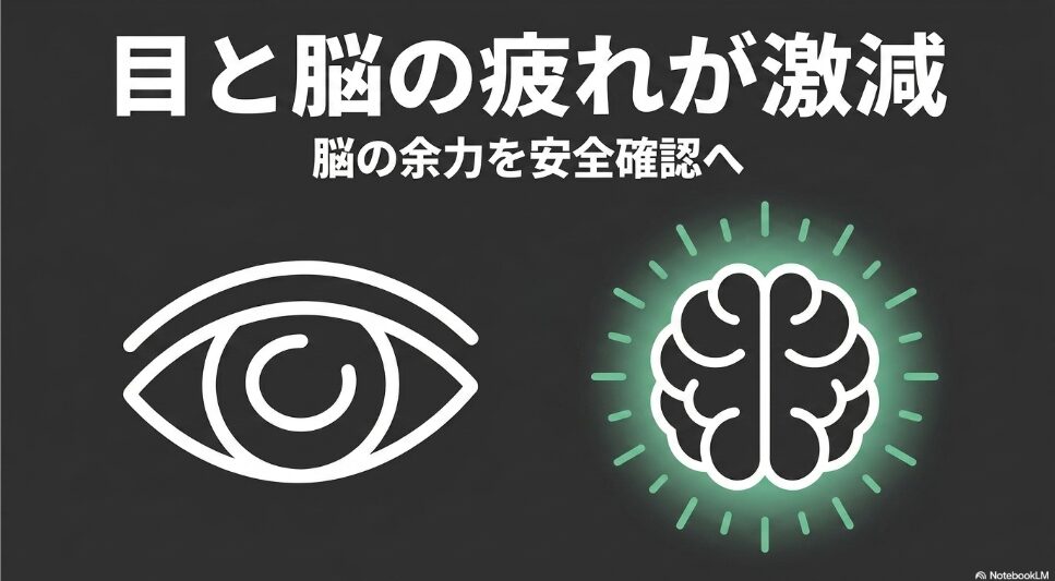 目と脳の疲れが激減し、脳の余力を安全確認に回せることを示す目と脳のイラスト