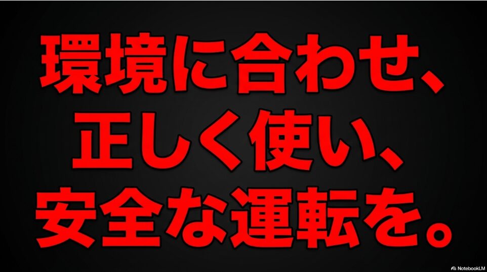 環境に合わせ、正しく使い、安全な運転を。というメッセージ