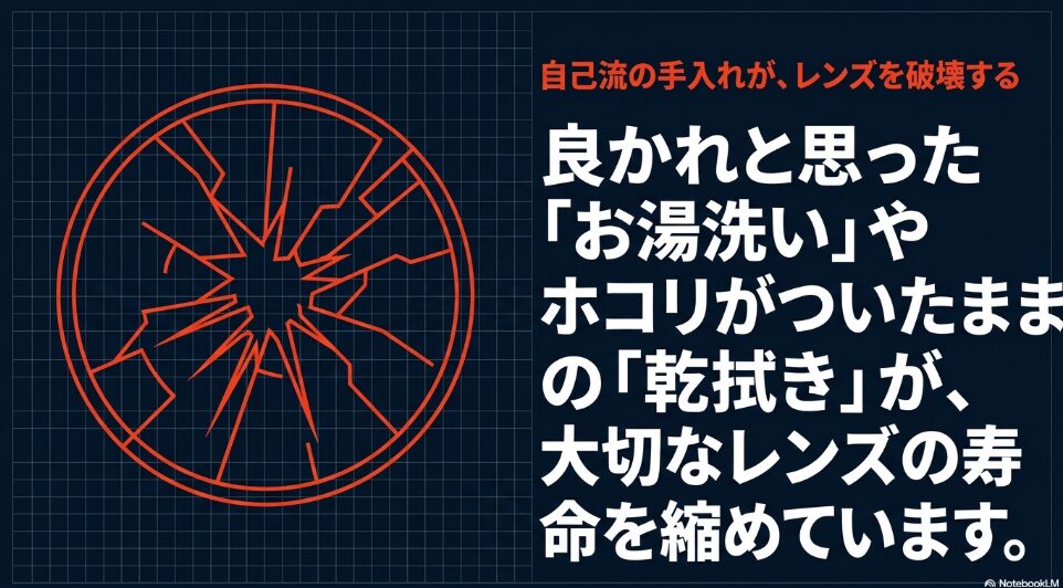 「自己流の手入れが、レンズを破壊する」という警告とともに、良かれと思ったお湯洗いや乾拭きが寿命を縮める原因であることを、ひび割れたレンズのイラストとともに説明