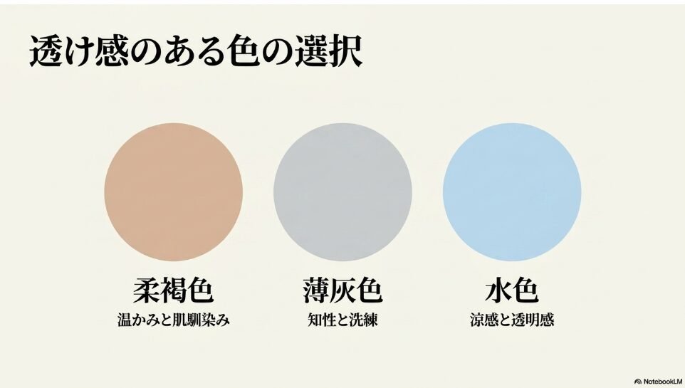 柔褐色、薄灰色、水色など、透け感のある色の選択とその効果を解説した図。