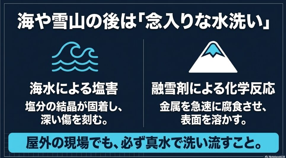 海水による塩害（塩分の結晶固着）と、融雪剤（塩化カルシウム）による化学反応（金属腐食や表面の溶解）のリスクを挙げ、屋外の現場でも必ず真水で洗い流すことを説明