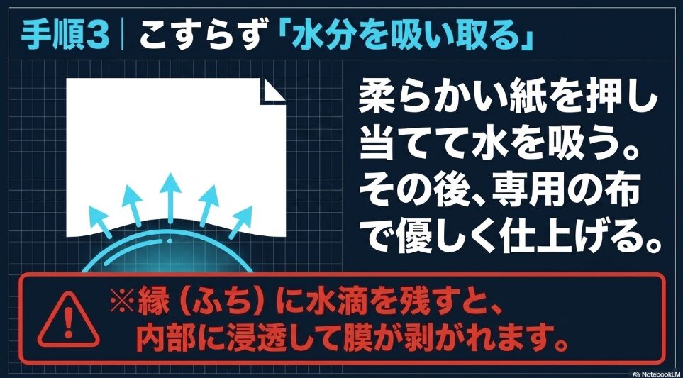 手順3として、濡れたレンズに柔らかい紙を押し当てて水分を吸い取らせる正しい拭き上げ方法と、縁に水滴を残すと内部に浸透して膜が剥がれるリスクを警告する