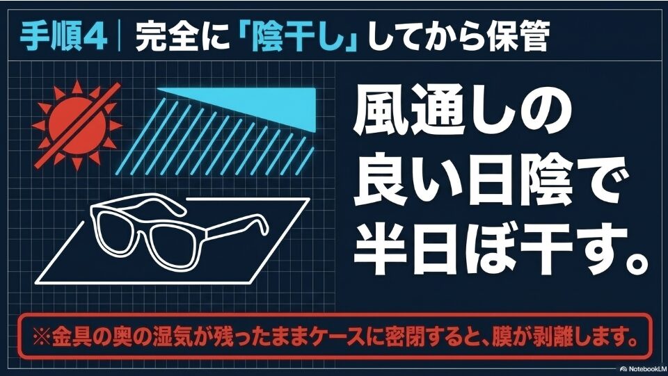 手順4として、風通しの良い日陰で半日ほど陰干しして乾燥させる方法と、金具の奥に湿気が残ったままケースに密閉すると膜が剥離する注意点を記載したスライド。