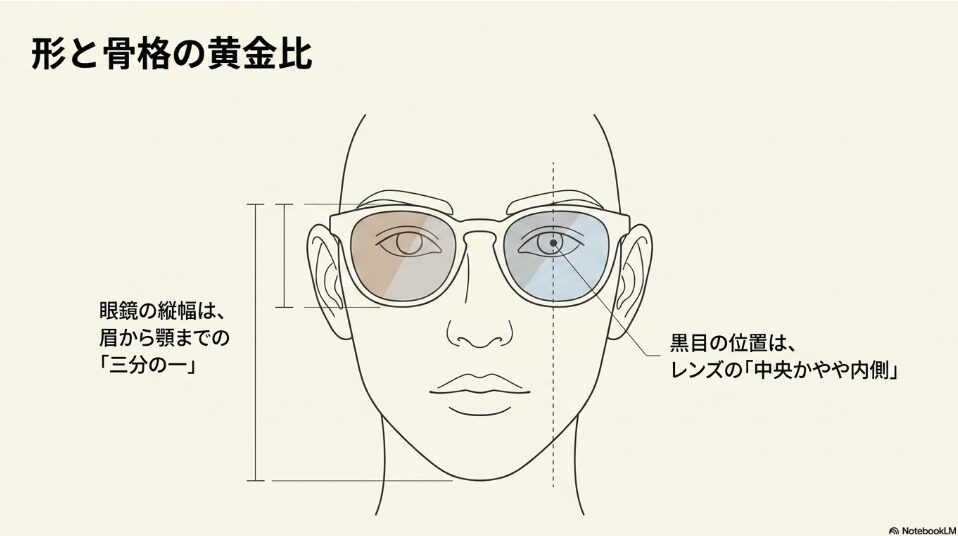 眼鏡の縦幅は眉から顎までの3分の1、黒目の位置はレンズの中央かやや内側という形と骨格の黄金比を示すイラスト。
