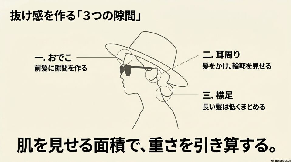 おでこ、耳周り、襟足の3箇所に隙間を作り、肌を見せる面積で重さを引き算する抜け感の作り方イラスト。