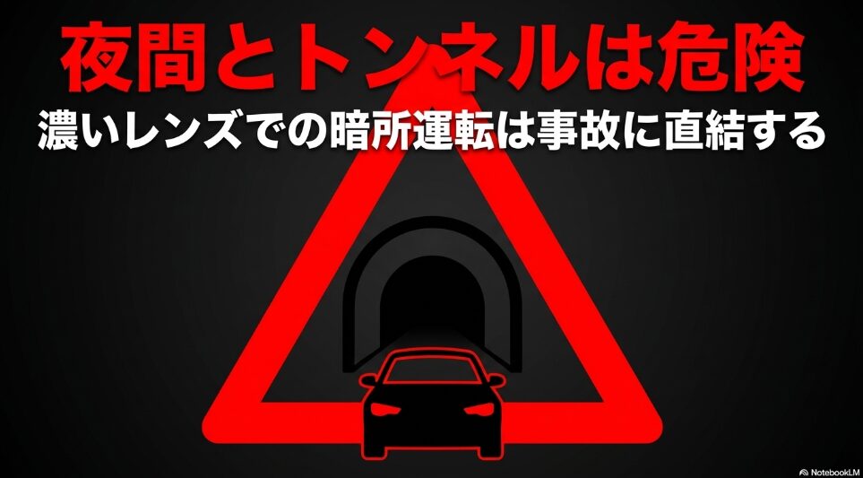 夜間とトンネルは危険。濃いレンズでの暗所運転は事故に直結することを示す警告マークと車のイラスト