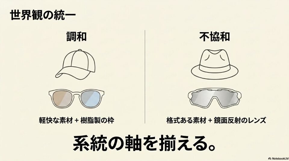 帽子と眼鏡の素材や形の系統の軸を揃えることで、世界観を統一し調和を生む方法を解説した図。