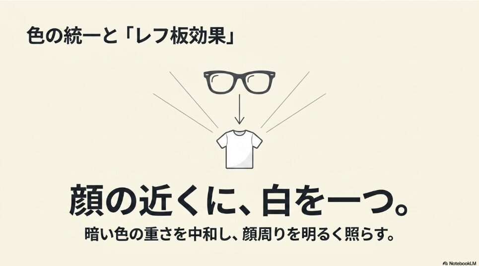 顔の近くに白い服を配置し、暗い色の重さを中和して顔周りを明るく照らすレフ板効果の解説図。