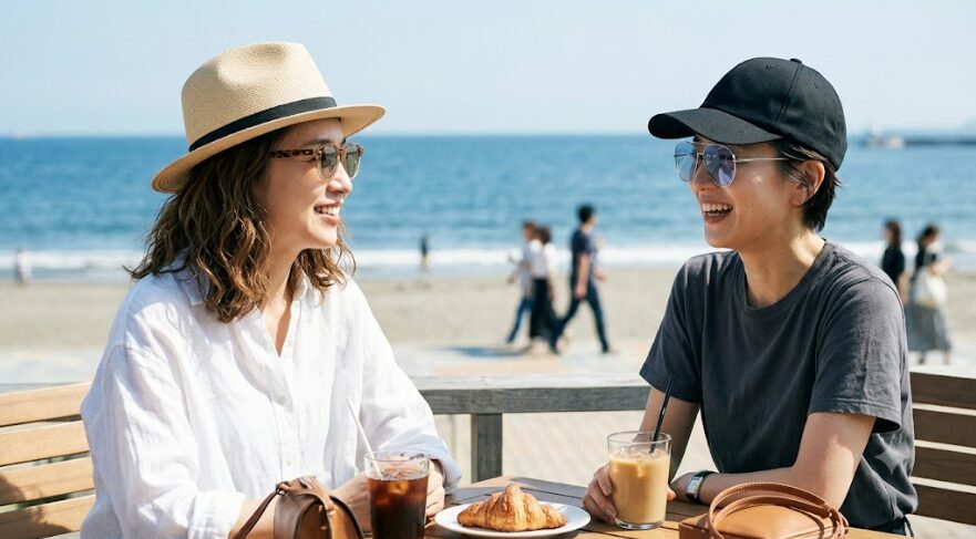海辺のカフェテラスで、異なるトーンの帽子とサングラスを合わせた2人の日本人女性。左は明るいパナマハットに濃いフレーム、右は黒いキャップにメタルフレームと、顔周りの色を明るくすることで抜け感を作り、全体の重さを調整している。