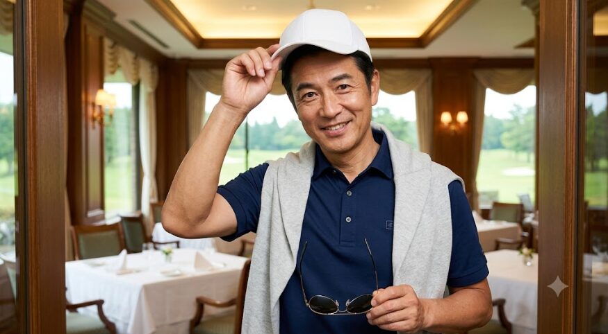 ゴルフクラブハウスの入口で、マナーを守り、帽子とサングラスを外して手に持つ日本人男性。屋外でのプレー中と屋内のフォーマルな場を切り替える大人の振る舞いを示している。