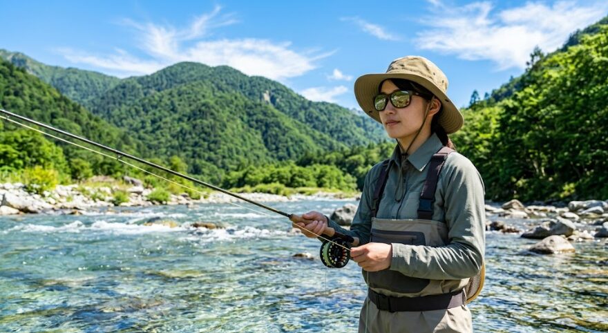 澄んだ山の渓流で、偏光サングラスとサファリハットを着用して釣りを制御する日本人女性。強烈な紫外線と水面の乱反射をカットする機能的なアイテムの組み合わせにより、安全で快適にアウトドアアクティビティを楽しんでいる。