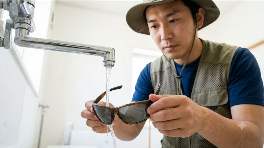 水道の蛇口から出る常温の水で、偏光サングラスのレンズ表面に付着したほこりや塵を優しく洗い流す日本人男性。水圧だけで汚れを落とす正しいメンテナンスの様子。