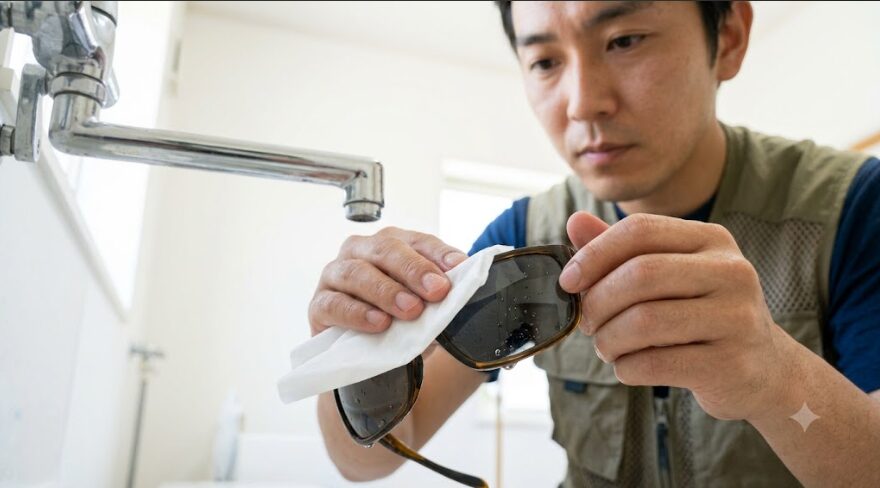 洗浄後、濡れた偏光サングラスのレンズ表面に清潔な柔らかいティッシュペーパーを優しく押し当て、摩擦を避けながら水分を吸い取らせる日本人男性の手元。