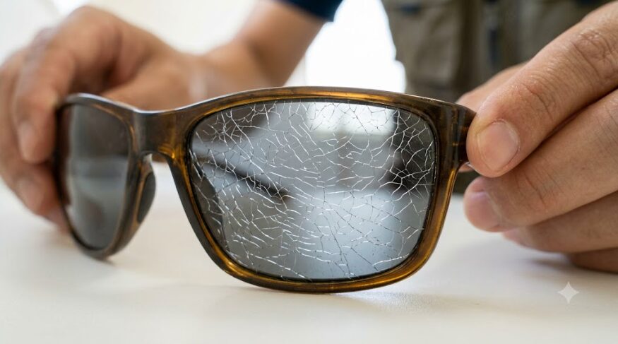 お湯による熱ダメージで、偏光レンズの表面コーティングが網目状にひび割れたクラック現象の拡大写真。光が乱反射し、視界が白く霞んで見える様子。