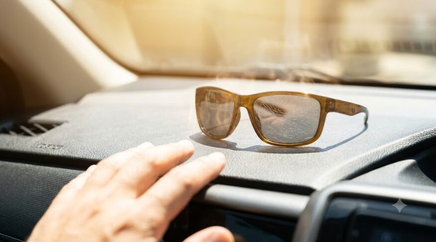 真夏の直射日光が当たる車のダッシュボードに放置された偏光サングラス。高温によりレンズやフレームが熱変形を起こし、コーティングがひび割れる危険な状態。