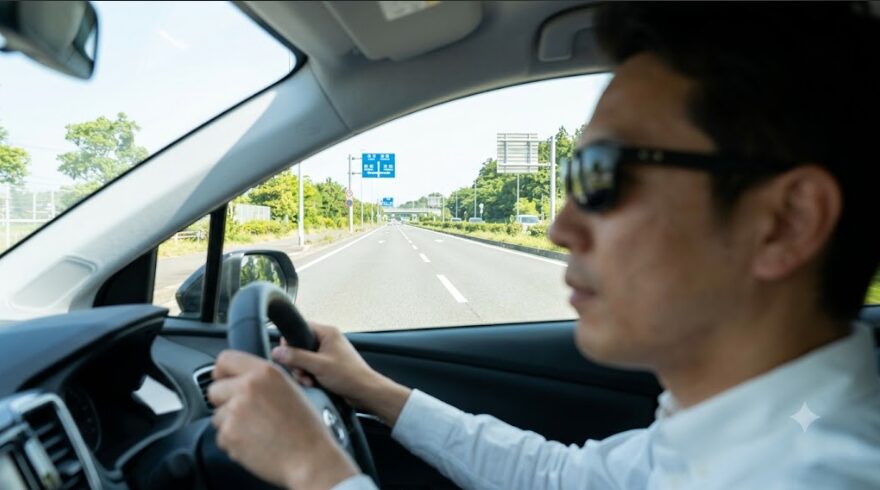 晴天時のドライブ中、偏光サングラスをかけた日本人ドライバーの視界。路面のギラつきや反射が消え、横断歩道の白線や標識がくっきりと見えている。